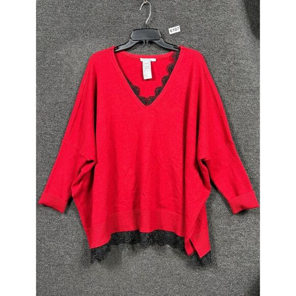 Chico's Tunic Sweater Womens Size L/XL Red Dollman Sleeve Crochet Trim Oversized - Picture 1 of 6